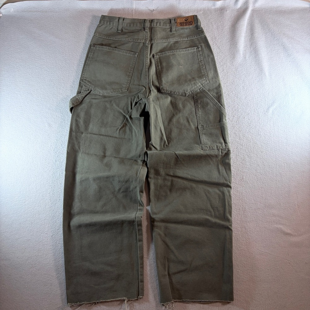 RedHead Mens Relaxed Fit Carpenter Pants Moss Green Canvas 31x34 Raw Hem 61451M